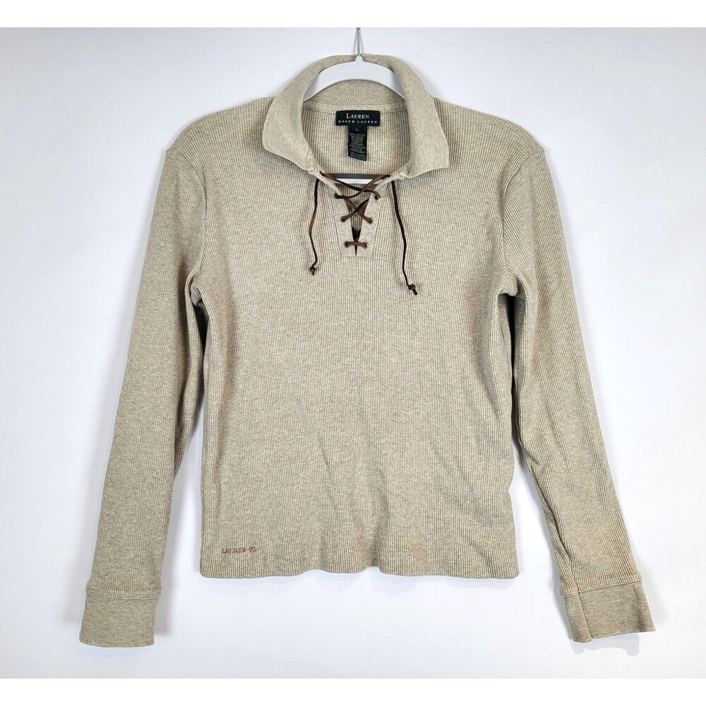 Lauren Ralph Lauren Lace Up Top Shirt Womens Large Tan/Beige Long Sleeve